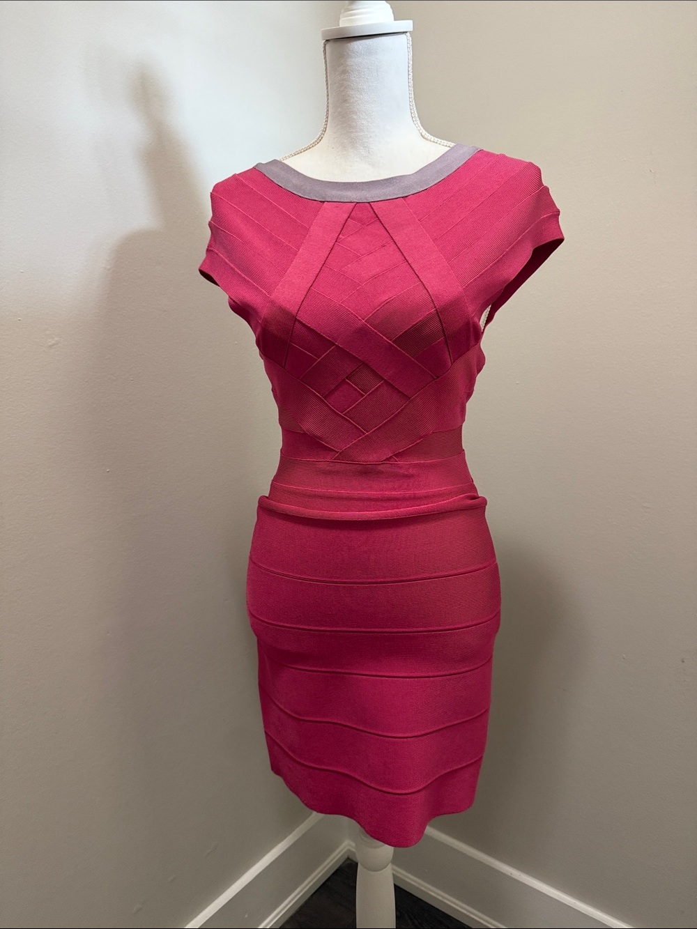Herve Leger Hot Pink Bandage Mini with Gray Neckline